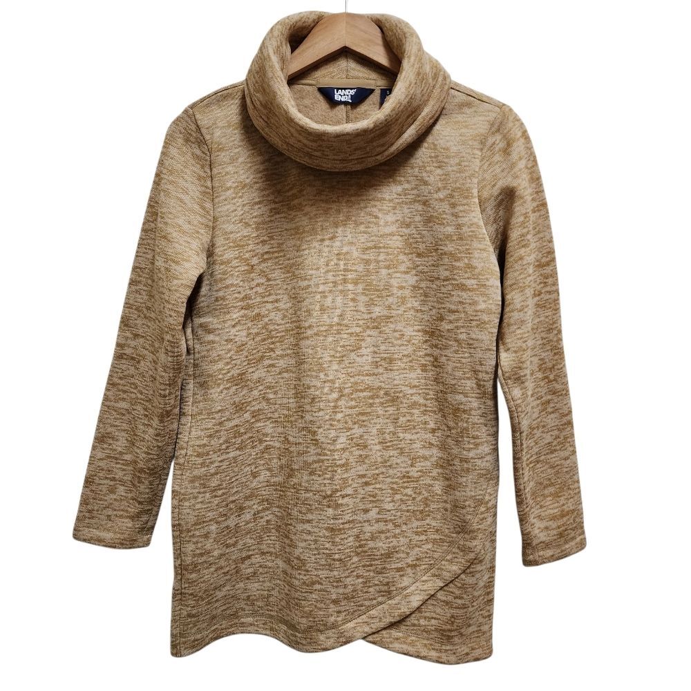 LL Bean Women S Heather Tan Fleece Line Cowl Tunic Long Slv Sweater Asymmetrical
